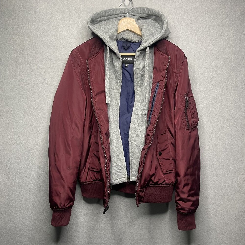 Express Women's Burgundy Bomber Jacket With Gray Hood Lined S/P - Picture 4 of 8